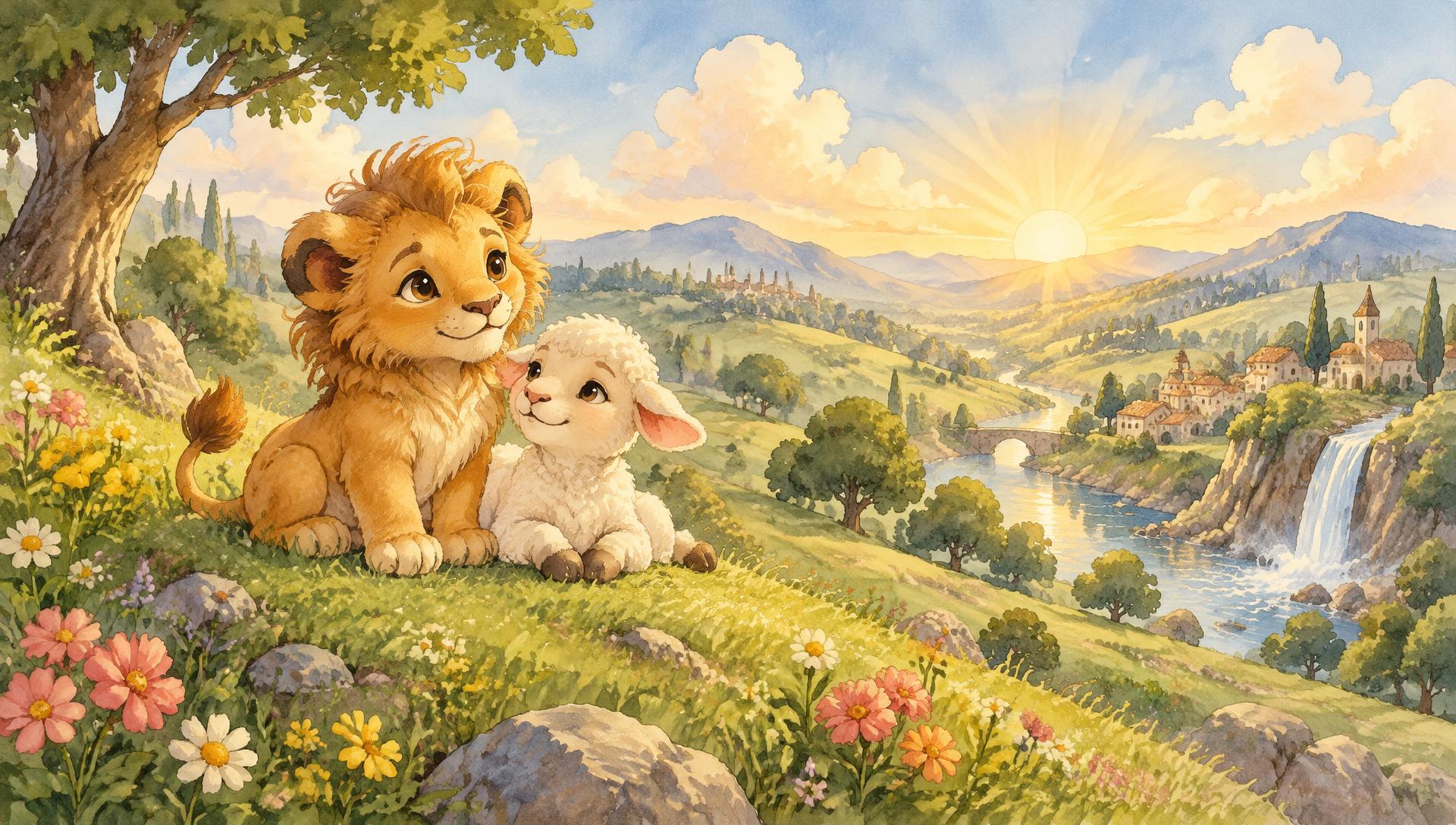 Li the lion cub and La the lamb sitting together on a sunny hill in Wonder Valley