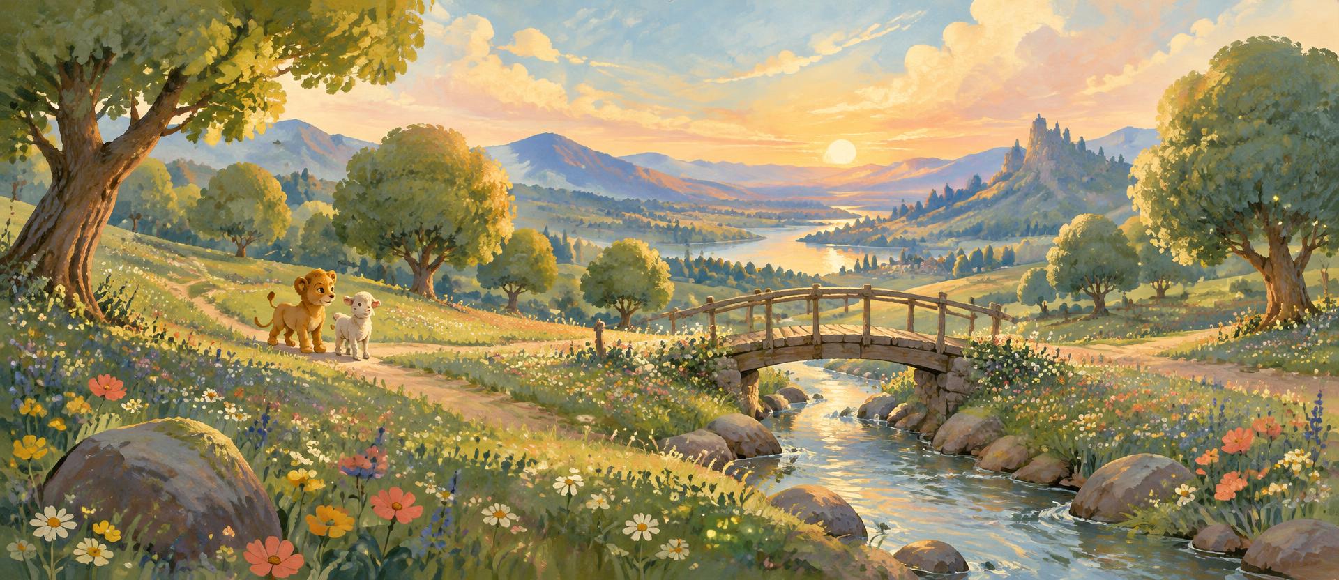 A panoramic view of Wonder Valley with Li and La walking by a stream